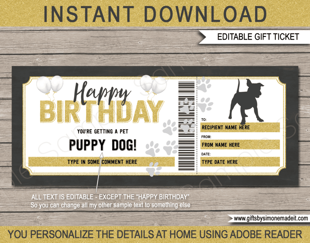Printable Birthday Puppy Dog Gift Certificate Template | Pet Adoption Voucher | Surprise Dog | We're Getting a Puppy | Dog Sitting Services | Dog Training | DIY Editable text | INSTANT DOWNLOAD via giftsbysimonemadeit.com