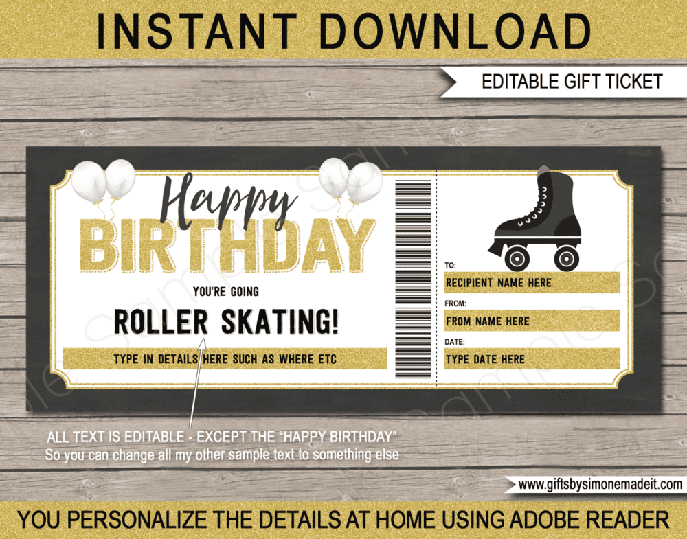 Birthday Roller Skating Ticket Template | Printable Gift Certificate, Voucher, Card with Editable Text | Gift Idea | INSTANT DOWNLOAD via giftsbysimonemadeit.com