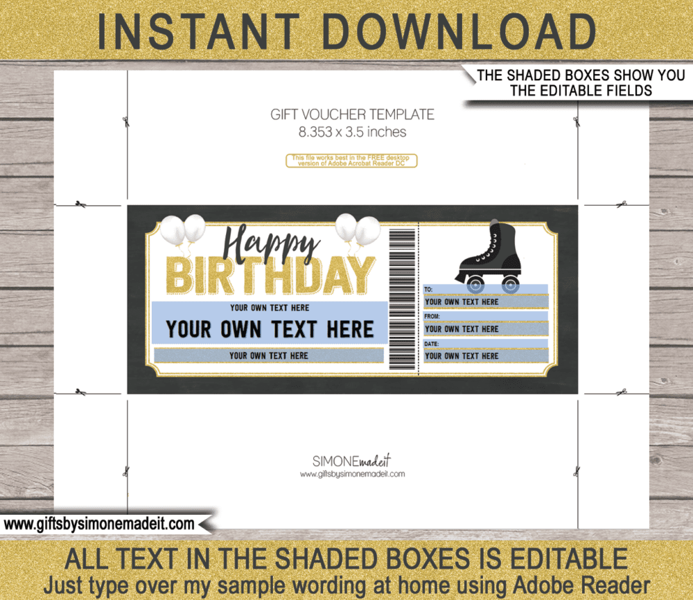 Birthday Roller Skating Ticket Template | Printable Gift Certificate, Voucher, Card with Editable Text | Gift Idea | INSTANT DOWNLOAD via giftsbysimonemadeit.com