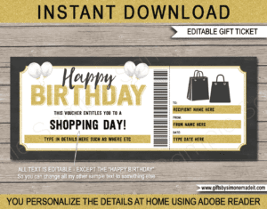 Birthday Shopping Spree Card Template | Gift Certificate Voucher Ticket | Shopping Day Out | Shopping Trip | DIY Printable with Editable Text | INSTANT DOWNLOAD via giftsbysimonemadeit.com