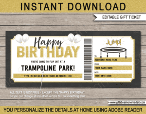 Printable Birthday Trampoline Park Ticket Template | Jumping Coupon Pass Gift Voucher Certificate | DIY Editable text | INSTANT DOWNLOAD via giftsbysimonemadeit.com
