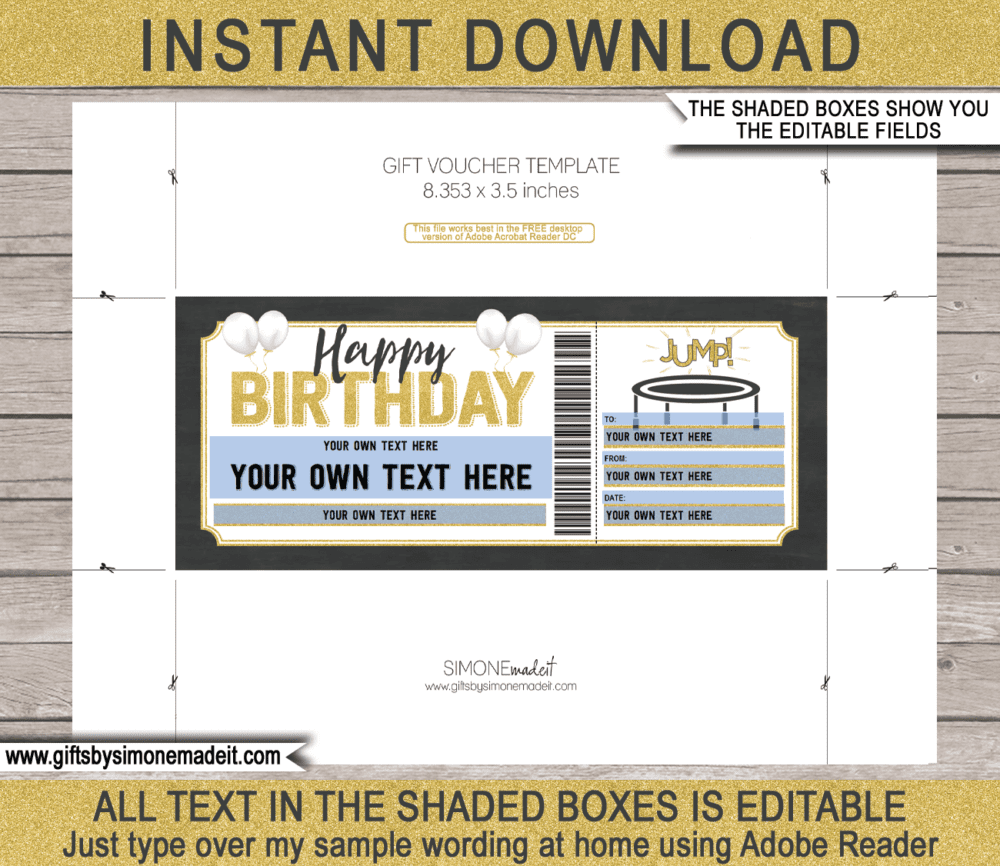 Printable Birthday Trampoline Park Ticket Template | Jumping Coupon Pass Gift Voucher Certificate | DIY Editable text | INSTANT DOWNLOAD via giftsbysimonemadeit.com