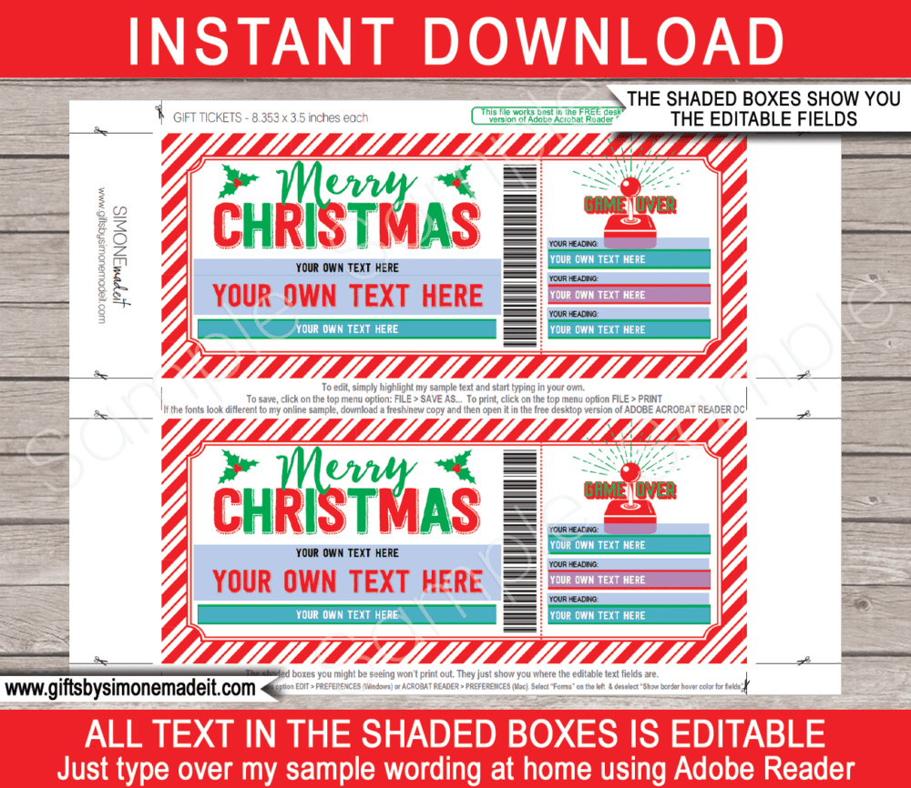 Printable Christmas Video Arcade Game Ticket Template | Video Game Console Gift Voucher Coupon Certificate | DIY Editable text | INSTANT DOWNLOAD via giftsbysimonemadeit.com