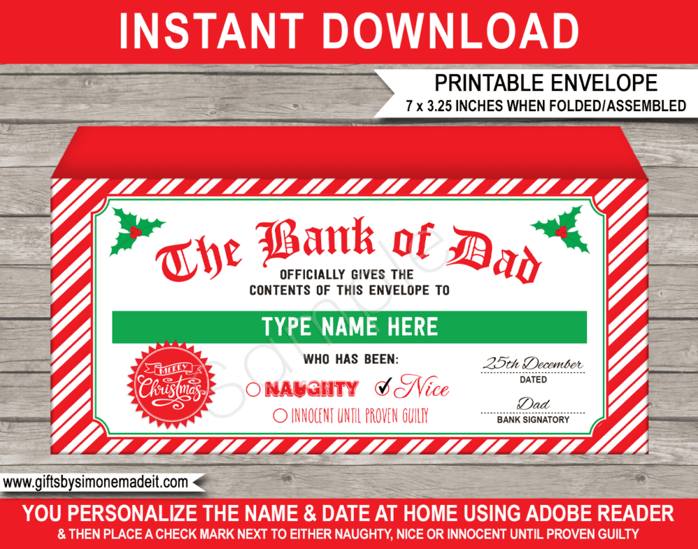 Printable Bank of Dad Christmas Envelope | Money or Cash Gift | Personalized Christmas Banknote Holder | DIY Editable Text | Last Minute Christmas gift | Older Kids Teenagers Young Adults and Family | Instant Download via giftsbysimonemadeit.com