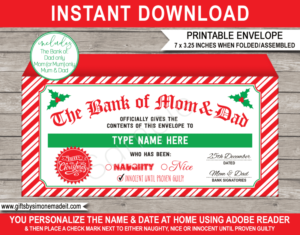 Printable Bank of Mom & Dad Christmas Envelope | Money or Cash Gift | Personalized Christmas Banknote Holder | DIY Editable Text | Last Minute Christmas gift | Older Kids Teenagers Young Adults and Family | Instant Download via giftsbysimonemadeit.com