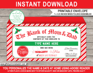 Printable Bank of Mom & Dad Christmas Envelope | Money or Cash Gift | Personalized Christmas Banknote Holder | DIY Editable Text | Last Minute Christmas gift | Older Kids Teenagers Young Adults and Family | Instant Download via giftsbysimonemadeit.com