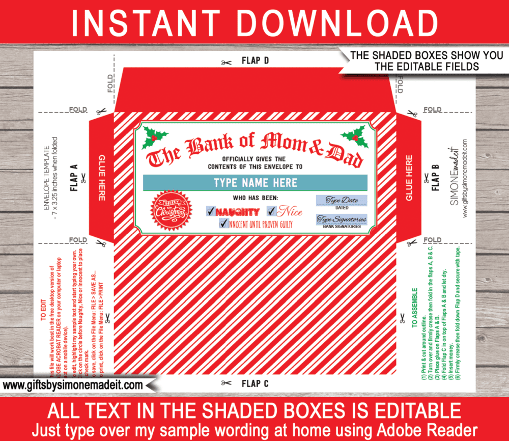 Printable Bank of Mom & Dad Christmas Envelope | Money or Cash Gift | Personalized Christmas Banknote Holder | DIY Editable Text | Last Minute Christmas gift | Older Kids Teenagers Young Adults and Family | Instant Download via giftsbysimonemadeit.com