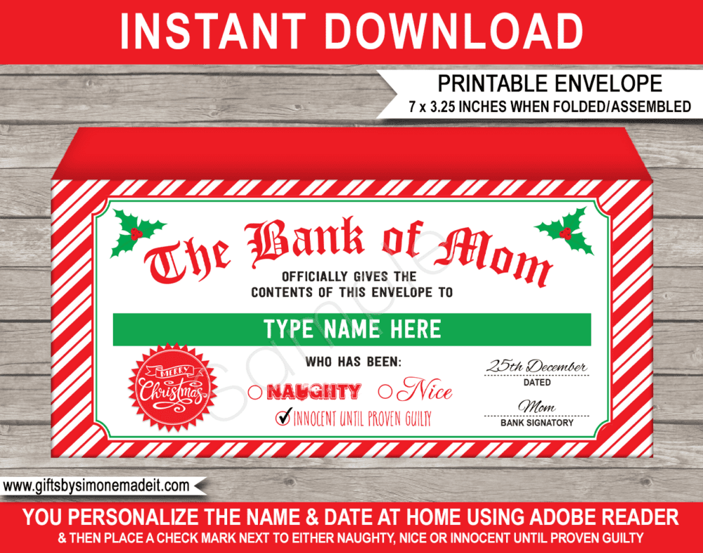 Printable Bank of Mom Christmas Envelope | Money or Cash Gift | Personalized Christmas Banknote Holder | DIY Editable Text | Last Minute Christmas gift | Older Kids Teenagers Young Adults and Family | Instant Download via giftsbysimonemadeit.com
