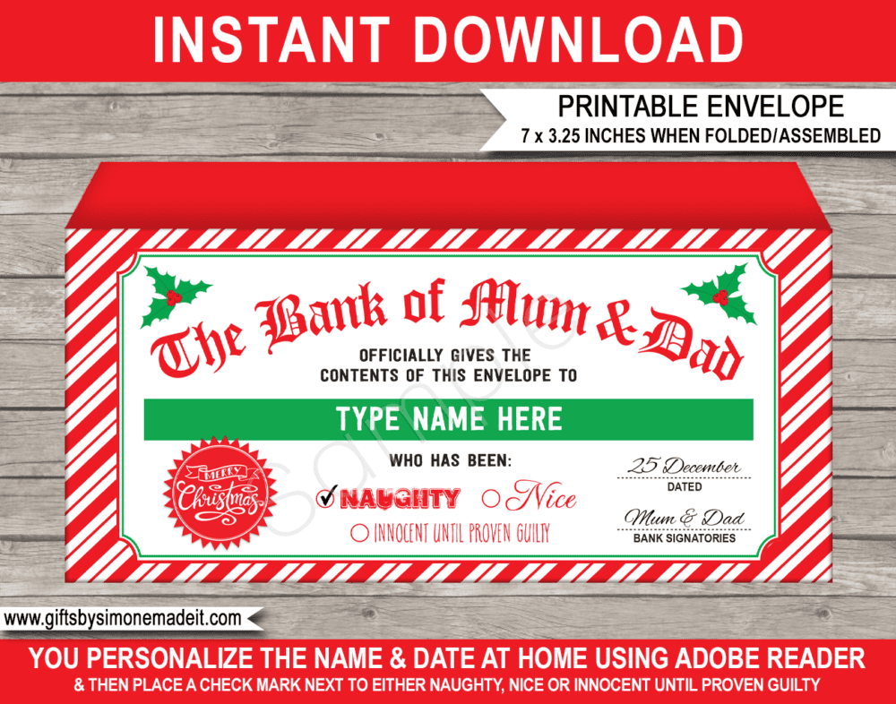 Printable Bank of Mum & Dad Christmas Envelope | Money or Cash Gift | Personalized Christmas Banknote Holder | DIY Editable Text | Last Minute Christmas gift | Older Kids Teenagers Young Adults and Family | Instant Download via giftsbysimonemadeit.com
