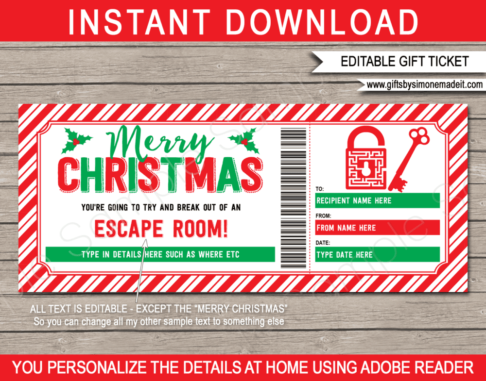 Printable Christmas Escape Room Ticket Template | Puzzle Room, Riddle, Breakout Room, Adventure | Gift Voucher Certificate | DIY Editable text | INSTANT DOWNLOAD via giftsbysimonemadeit.com