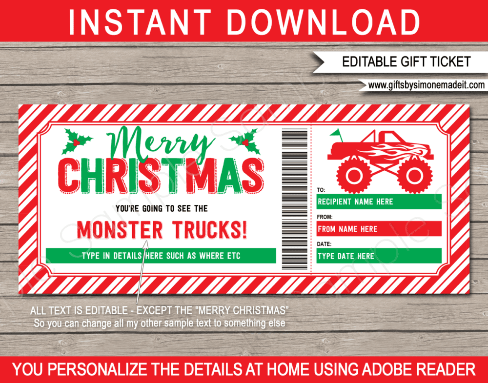 Printable Christmas Monster Truck Ticket Template | Monster Jam Gift Voucher Coupon Certificate | DIY Editable text | INSTANT DOWNLOAD via giftsbysimonemadeit.com