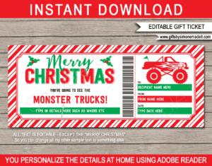 Printable Christmas Monster Truck Ticket Template | Monster Jam Gift Voucher Coupon Certificate | DIY Editable text | INSTANT DOWNLOAD via giftsbysimonemadeit.com