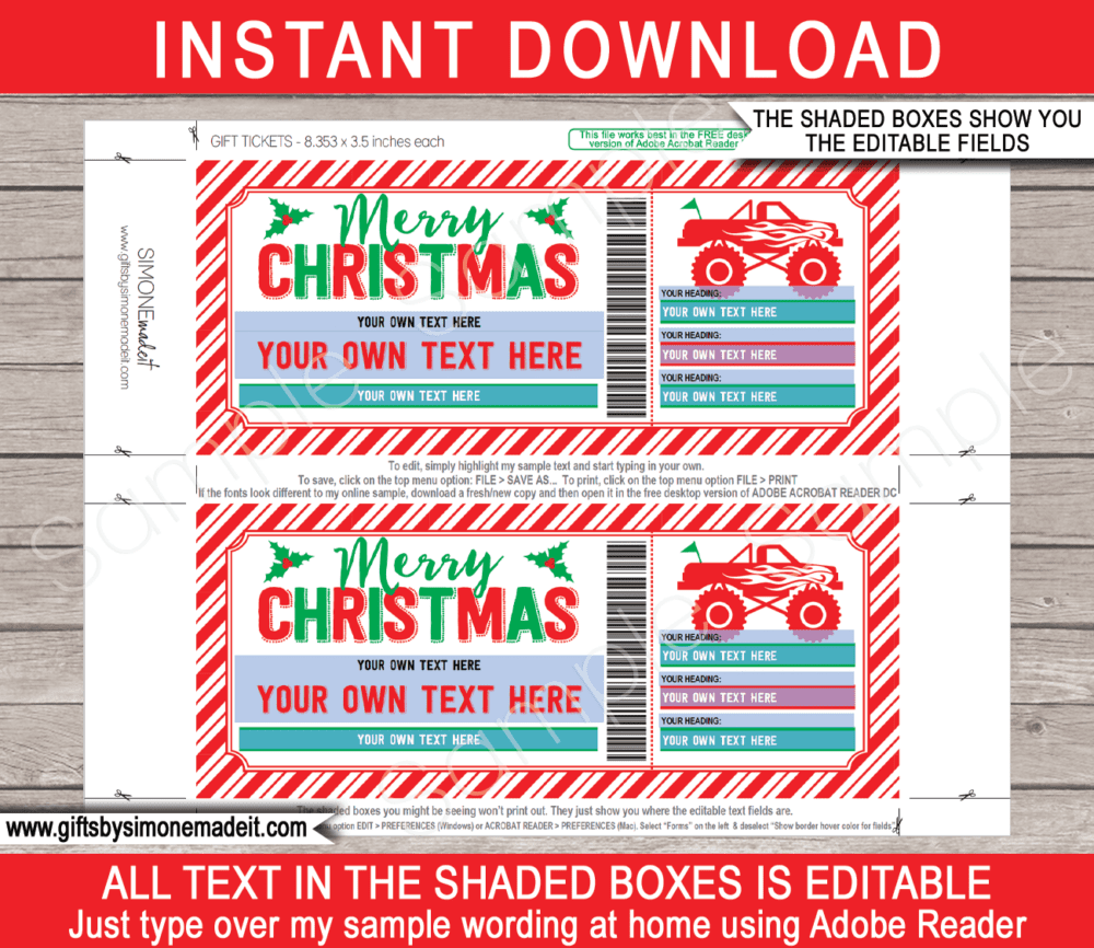 Printable Christmas Monster Truck Ticket Template | Monster Jam Gift Voucher Coupon Certificate | DIY Editable text | INSTANT DOWNLOAD via giftsbysimonemadeit.com