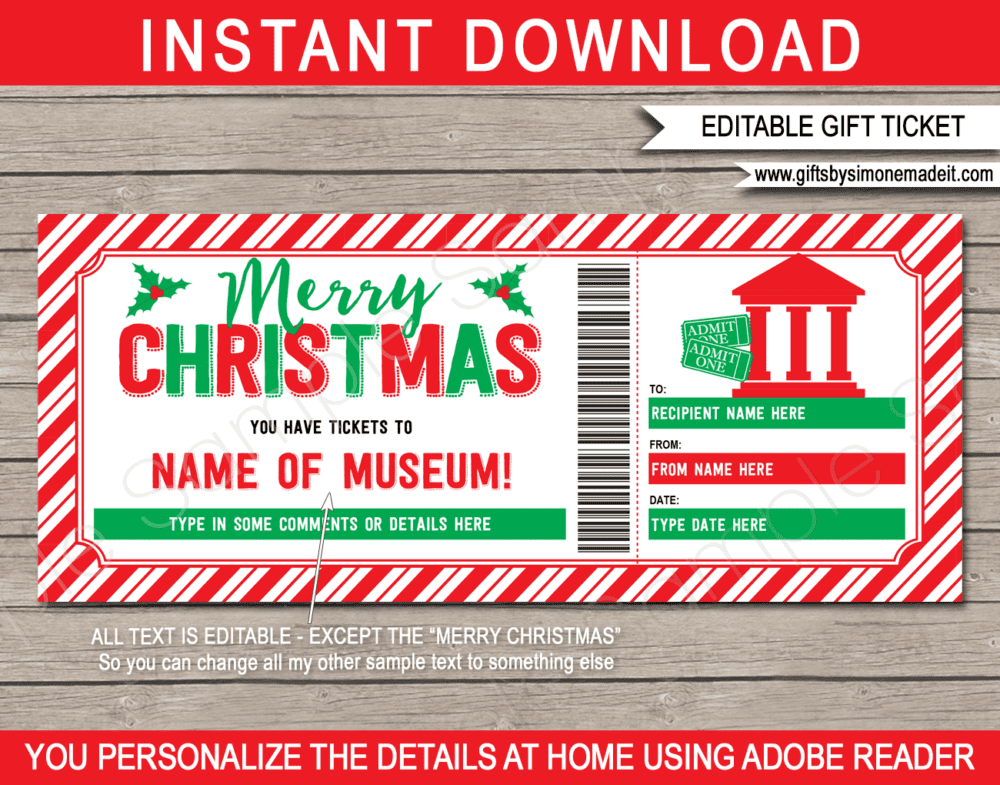 Printable Christmas Museum Ticket Template | Gift Voucher Certificate | Christmas Card with Editable Text | INSTANT DOWNLOAD via giftsbysimonemadeit.com