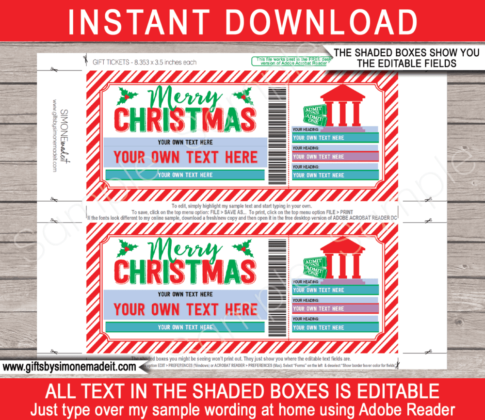 Printable Christmas Museum Ticket Template | Gift Voucher Certificate | Christmas Card with Editable Text | INSTANT DOWNLOAD via giftsbysimonemadeit.com