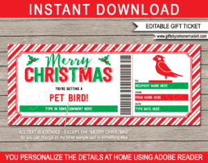 Christmas Pet Bird Gift Certificate Template | Printable Budgie Voucher | Surprise Parrot, Budgie, Parakeet, Canary | DIY Editable text | INSTANT DOWNLOAD via giftsbysimonemadeit.com