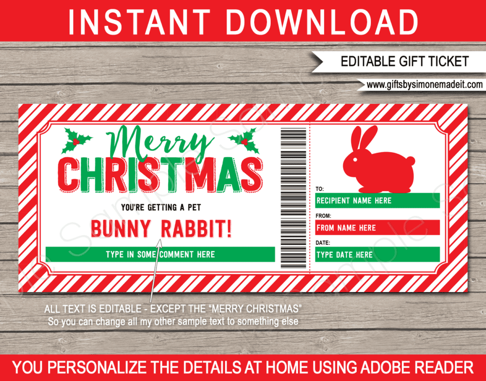 Printable Christmas Bunny Rabbit Gift Certificate Template | Pet Adoption Voucher | Surprise Rabbit | We're Getting a Bunny | Pet Sitting Services | DIY Editable text | INSTANT DOWNLOAD via giftsbysimonemadeit.com