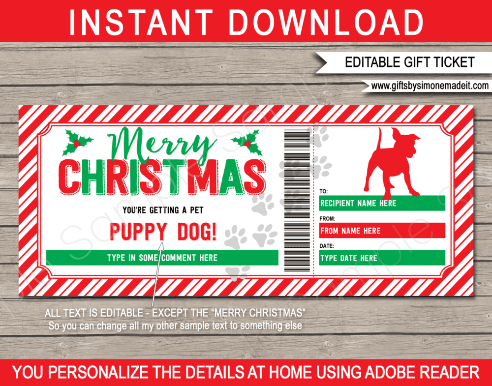 Printable Christmas Puppy Dog Gift Certificate Template | Pet Adoption Voucher | Surprise Dog | We're Getting a Puppy | Dog Sitting Services | Dog Training | DIY Editable text | INSTANT DOWNLOAD via giftsbysimonemadeit.com
