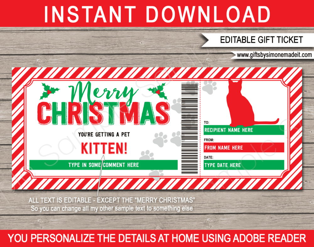 Printable Christmas Kitten Gift Certificate Template | Pet Cat Adoption Voucher | Surprise Kitten | We're Getting a Kitten | Cat Sitting Services | DIY Editable text | INSTANT DOWNLOAD via giftsbysimonemadeit.com
