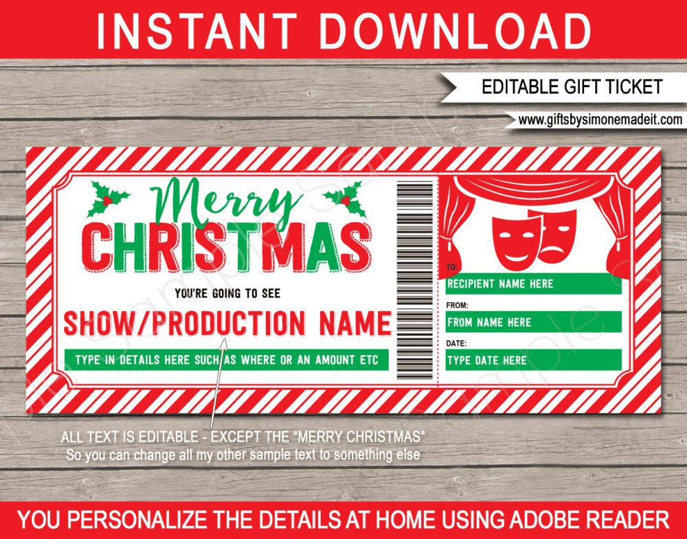 Printable Christmas Theatre Ticket Template | Show Performance Voucher | West End Gift Certificate | Broadway Gift Voucher | DIY Editable text | INSTANT DOWNLOAD via giftsbysimonemadeit.com