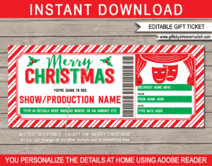 Printable Christmas Theatre Ticket Template | Show Performance Voucher | West End Gift Certificate | Broadway Gift Voucher | DIY Editable text | INSTANT DOWNLOAD via giftsbysimonemadeit.com
