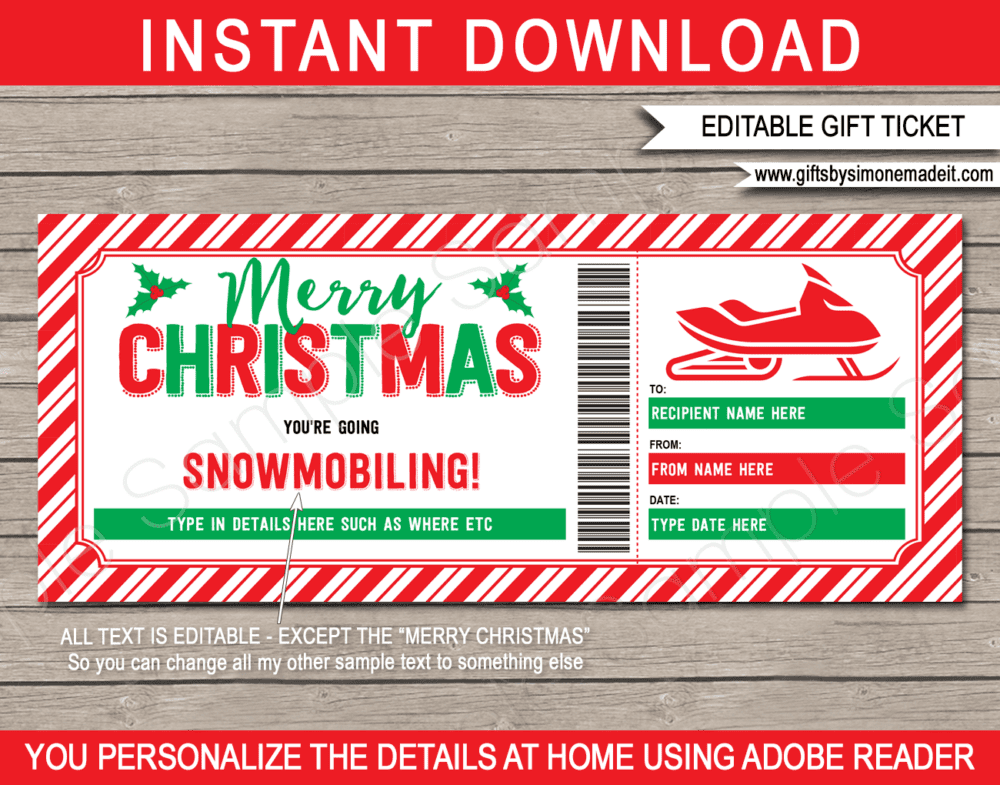Printable Christmas Snowmobile Ticket Template | Skidoo Gift Pass Coupon Certificate | Snow Scooter Machine Sled | DIY Editable text | INSTANT DOWNLOAD via giftsbysimonemadeit.com