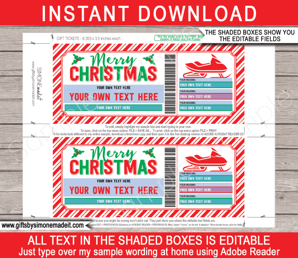 Printable Christmas Snowmobile Ticket Template | Skidoo Gift Pass Coupon Certificate | Snow Scooter Machine Sled | DIY Editable text | INSTANT DOWNLOAD via giftsbysimonemadeit.com