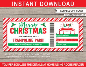 Printable Christmas Trampoline Park Ticket Template | Jumping Coupon Pass Gift Voucher Certificate | DIY Editable text | INSTANT DOWNLOAD via giftsbysimonemadeit.com