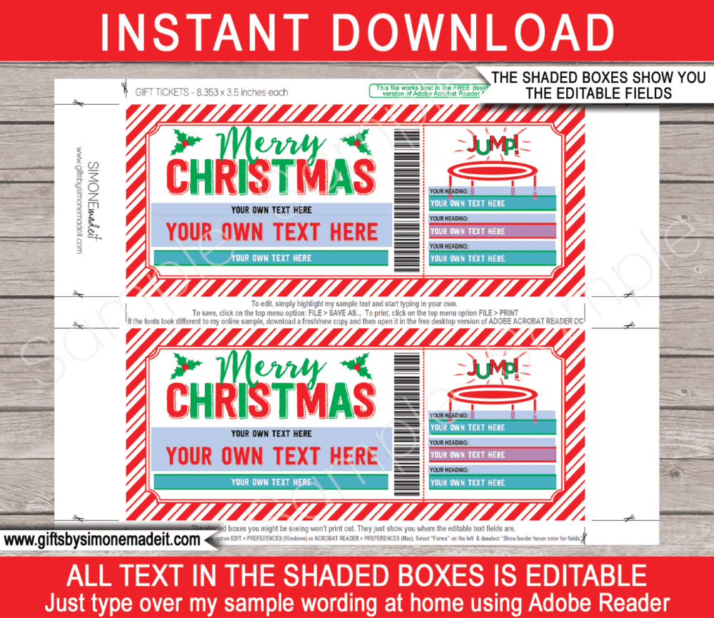 Printable Christmas Trampoline Park Ticket Template | Jumping Coupon Pass Gift Voucher Certificate | DIY Editable text | INSTANT DOWNLOAD via giftsbysimonemadeit.com