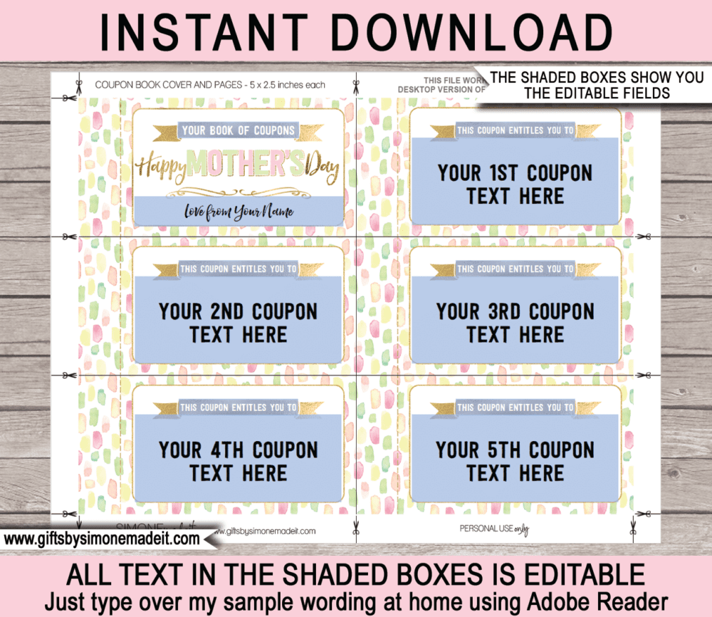 Coupon Book for Mom Template | Mothers Day Gift | Print at Home | DIY editable custom Coupons | Editable & Printable Gift Template | Gold & Pastels | Instant Download via simonemadeit.com