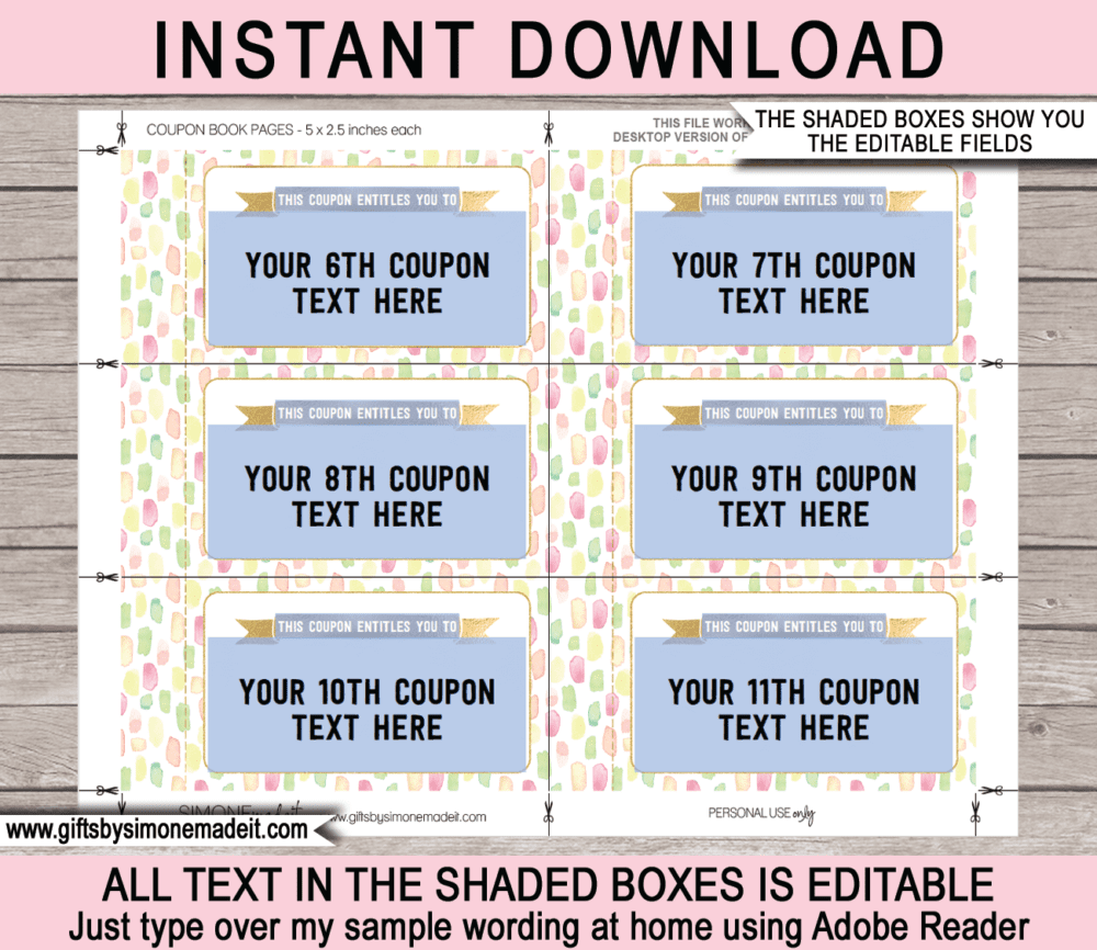 Coupon Book for Mom Template | Mothers Day Gift | Print at Home | DIY editable custom Coupons | Editable & Printable Gift Template | Gold & Pastels | Instant Download via simonemadeit.com