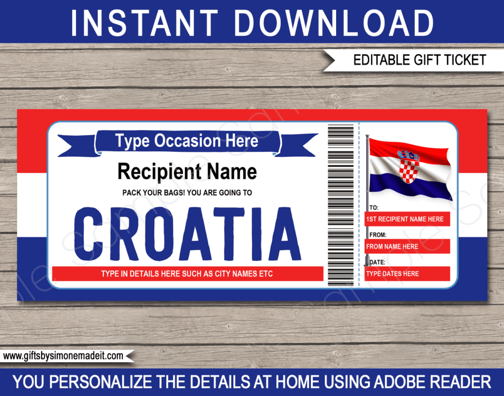 Croatia Trip Gift Ticket Template | Printable Surprise Trip Reveal Gift Idea | Dubrovnik Split Sailing Vacation Travel Ticket | DIY Printable with Editable Text | INSTANT DOWNLOAD via giftsbysimonemadeit.com