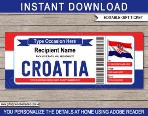 Croatia Trip Gift Ticket Template | Printable Surprise Trip Reveal Gift Idea | Dubrovnik Split Sailing Vacation Travel Ticket | DIY Printable with Editable Text | INSTANT DOWNLOAD via giftsbysimonemadeit.com