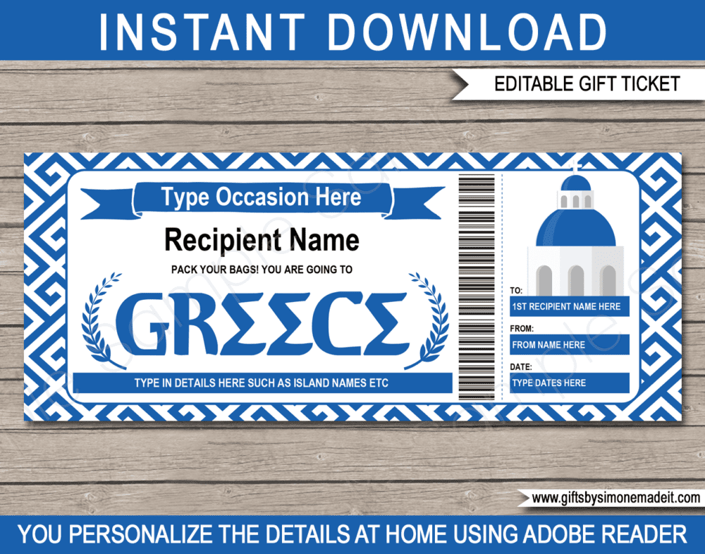 Greece Trip Gift Ticket Template | Printable Surprise Trip Reveal | DIY Printable Gift Voucher Certificate Card Coupon | Travel Voucher | Editable Text | Any Occasion - Birthday, Graduation, Congratulations | INSTANT DOWNLOAD via giftsbysimonemadeit.com