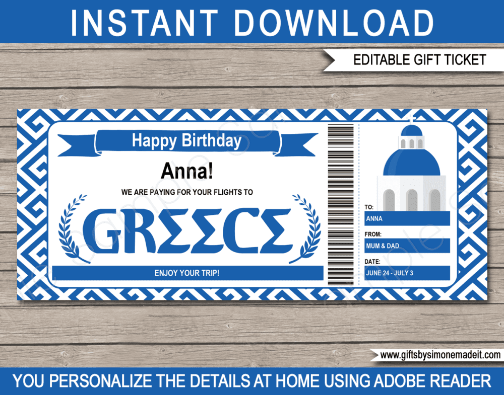 Printable Greece Trip Gift Ticket Template | Surprise Trip Reveal | DIY Printable Gift Voucher Certificate Card Coupon | Travel Voucher | Editable Text | Any Occasion - Birthday, Graduation, Congratulations | INSTANT DOWNLOAD via giftsbysimonemadeit.com