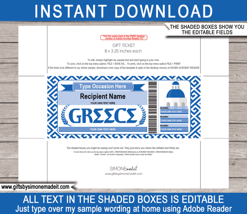 Printable Greece Travel Voucher Template | Surprise Trip Reveal | DIY Printable Gift Ticket Voucher Certificate Card Coupon | Editable Text | Any Occasion - Birthday, Graduation, Congratulations | INSTANT DOWNLOAD via giftsbysimonemadeit.com