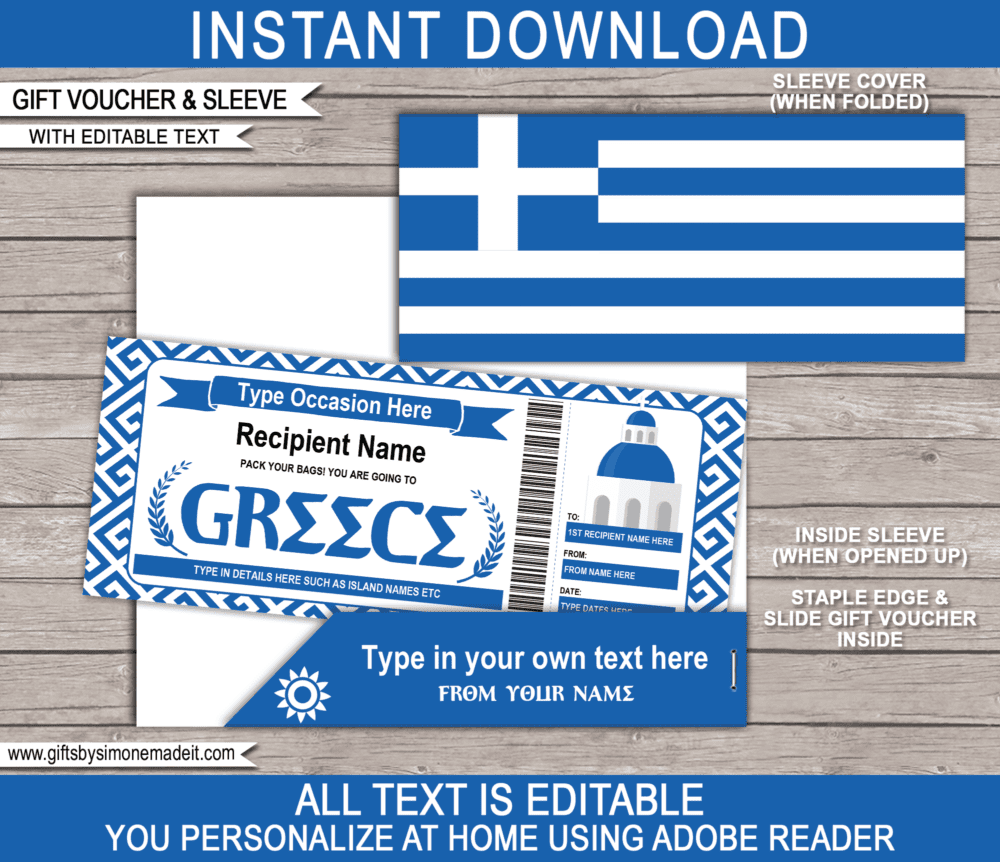 Greece Trip Gift Ticket Template | Printable Surprise Trip Reveal | DIY Printable Gift Voucher Certificate Card Coupon | Travel Voucher | Editable Text | Any Occasion - Birthday, Graduation, Congratulations | INSTANT DOWNLOAD via giftsbysimonemadeit.com