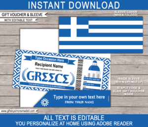 Greece Trip Gift Ticket Template | Printable Surprise Trip Reveal | DIY Printable Gift Voucher Certificate Card Coupon | Travel Voucher | Editable Text | Any Occasion - Birthday, Graduation, Congratulations | INSTANT DOWNLOAD via giftsbysimonemadeit.com