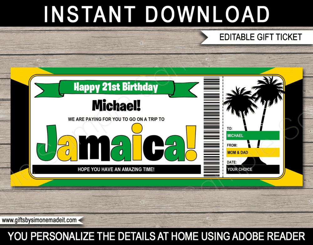 Jamaica Trip Gift Ticket Template | Printable Surprise Trip Reveal Gift Idea | Beach Vacation Travel Ticket | DIY Printable with Editable Text | INSTANT DOWNLOAD via giftsbysimonemadeit.com