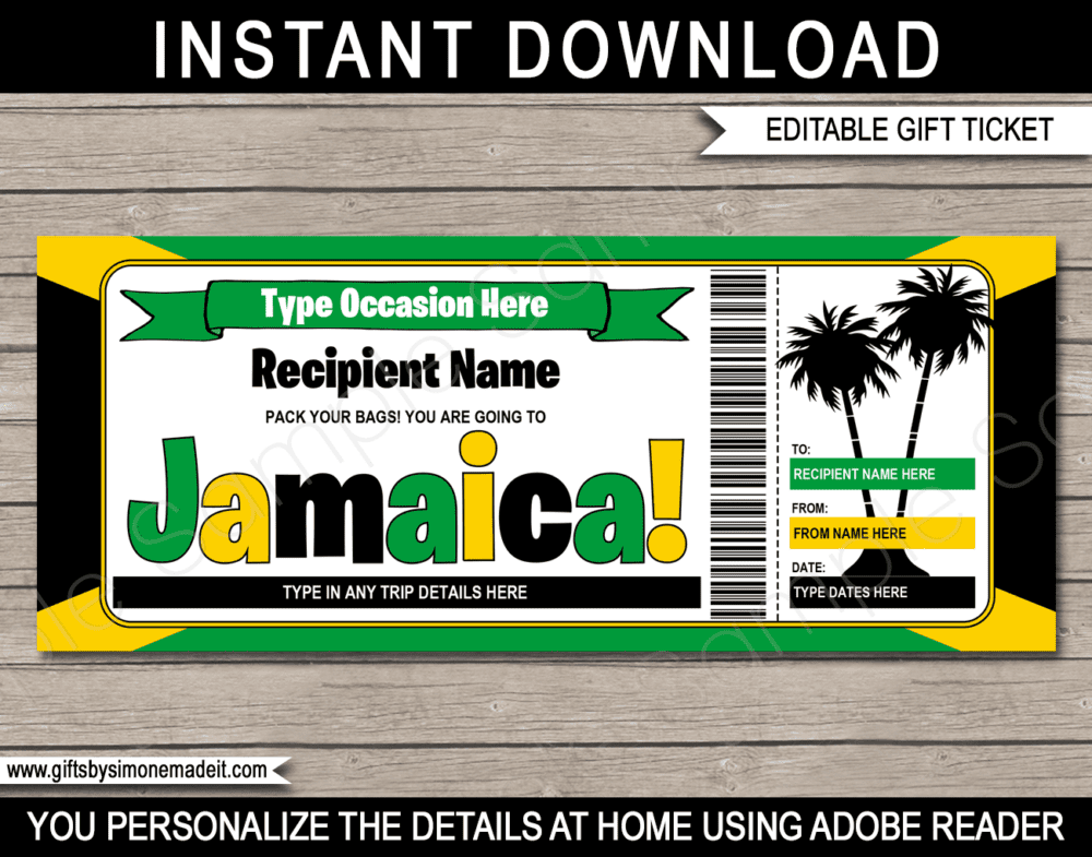 Printable Jamaica Trip Gift Ticket Template | Surprise Trip Reveal Gift Idea | Beach Vacation Travel Ticket | DIY Printable with Editable Text | INSTANT DOWNLOAD via giftsbysimonemadeit.com
