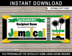 Printable Jamaica Trip Gift Ticket Template | Surprise Trip Reveal Gift Idea | Beach Vacation Travel Ticket | DIY Printable with Editable Text | INSTANT DOWNLOAD via giftsbysimonemadeit.com