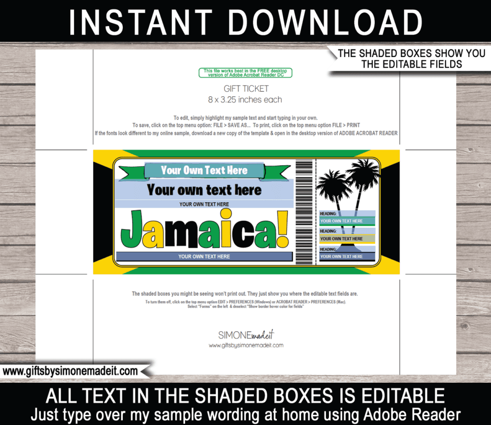 Jamaica Trip Gift Ticket Template | Printable Surprise Trip Reveal Gift Idea | Beach Vacation Travel Ticket | DIY Printable with Editable Text | INSTANT DOWNLOAD via giftsbysimonemadeit.com