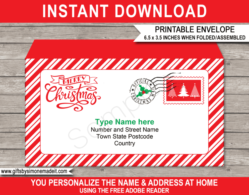 Printable Merry Christmas Envelope Template | Candy Cane stripes | North Pole Post | Christmas Mail | Personalized Christmas Letter | DIY Editable Text | Last Minute | Kids and Family | Instant Download via giftsbysimonemadeit.com