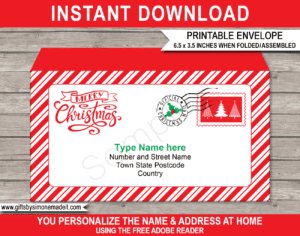 Printable Merry Christmas Envelope Template | Candy Cane stripes | North Pole Post | Christmas Mail | Personalized Christmas Letter | DIY Editable Text | Last Minute | Kids and Family | Instant Download via giftsbysimonemadeit.com
