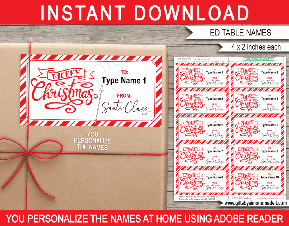 Printable Santa Gift Stickers Template | Christmas Gift Labels | Printable Gift Tags from Santa's Workshop | Custom Gift Labels from the North Pole | DIY Editable Text | INSTANT DOWNLOAD via giftsbysimonemadeit.com