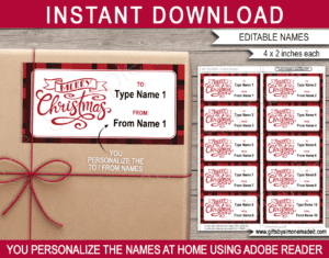Buffalo Plaid Christmas Gift Labels Template | Printable Stickers | Family School Kids Class Gift Tags Stickers Favors | DIY Printable with Editable Text | INSTANT DOWNLOAD via giftsbysimonemadeit.com