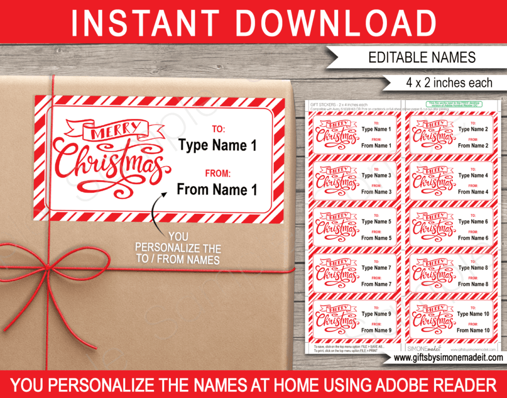 Merry Christmas Gift Labels Template | Printable Stickers | Family School Kids Class Gift Tags Stickers Favors | DIY Printable with Editable Text | INSTANT DOWNLOAD via giftsbysimonemadeit.com