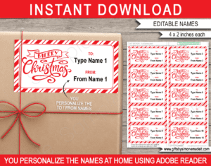 Merry Christmas Gift Labels Template | Printable Stickers | Family School Kids Class Gift Tags Stickers Favors | DIY Printable with Editable Text | INSTANT DOWNLOAD via giftsbysimonemadeit.com
