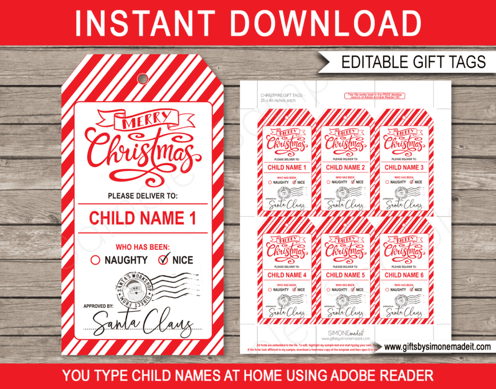 Printable Christmas Gift Tags Template | Santa Gift Labels | Custom Tags from Santa's Workshop in the North Pole | Santa Claus | DIY Editable Text | INSTANT DOWNLOAD via giftsbysimonemadeit.com