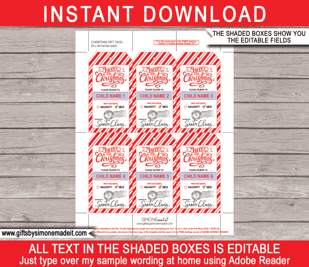 Printable Christmas Gift Tags Template | Santa Gift Labels | Custom Tags from Santa's Workshop in the North Pole | Santa Claus | DIY Editable Text | INSTANT DOWNLOAD via giftsbysimonemadeit.com